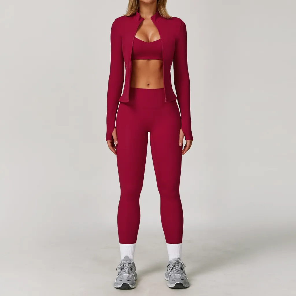 Tight Quick-drying Fitness Yoga Outdoor Running Sports Three-piece Suit - Raspberry Red