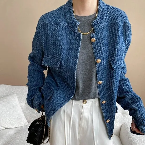 Texture Profile Classic Style Denim Jacket Coat Blue - Shop at LoveMi