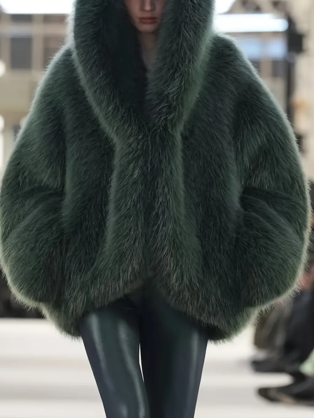 Women's Green Fur Faux Fox Fur Hooded Coat - Dark Green