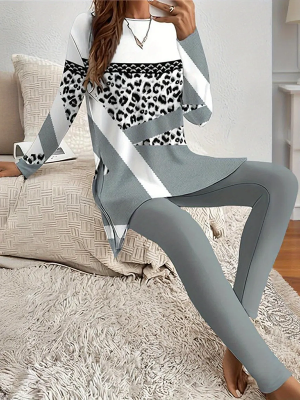 Casual Round Neck Long Sleeve Split Top And Trousers Suit - Wa34Wc01Jl20250722T51