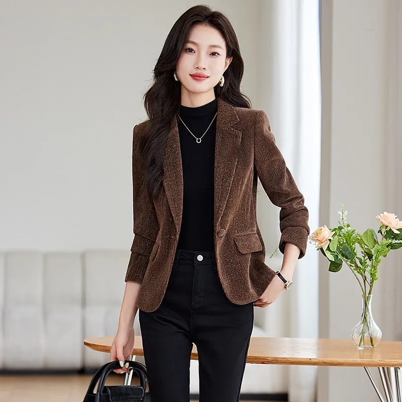 Long Sleeve Professional Suit Formal Women's Coat Overalls - Dark Coffee