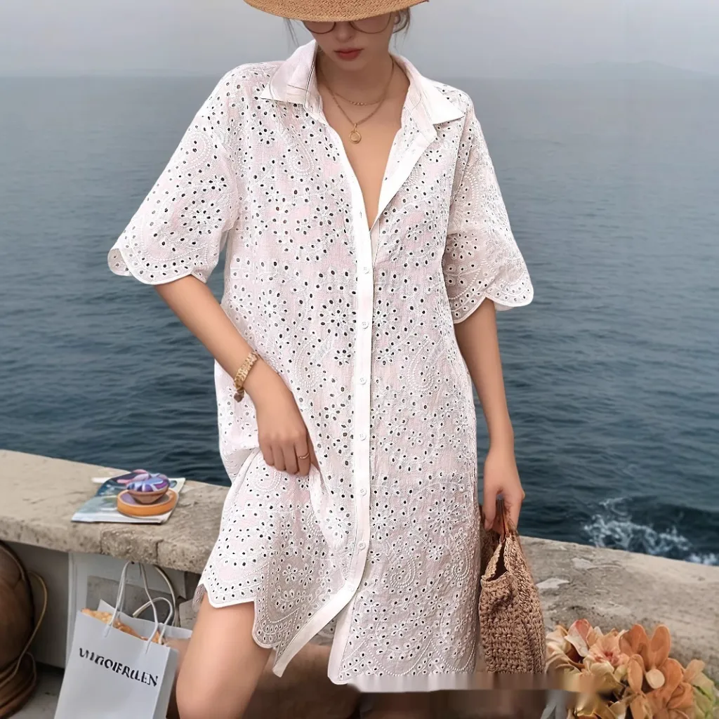 Hollow Cardigan Fashion Short Sleeve Dress - White