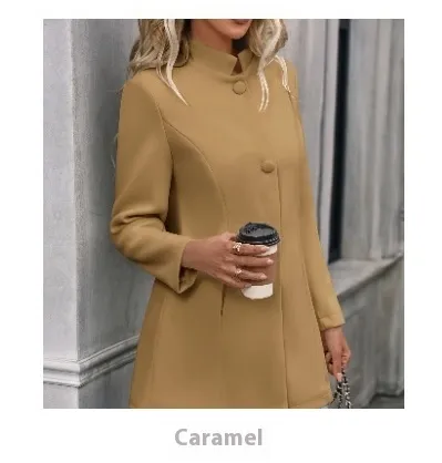 European And American New Fall And Winter Lapels Slim-fit Wool Solid Color Fashion Temperament Coat - Caramel Color