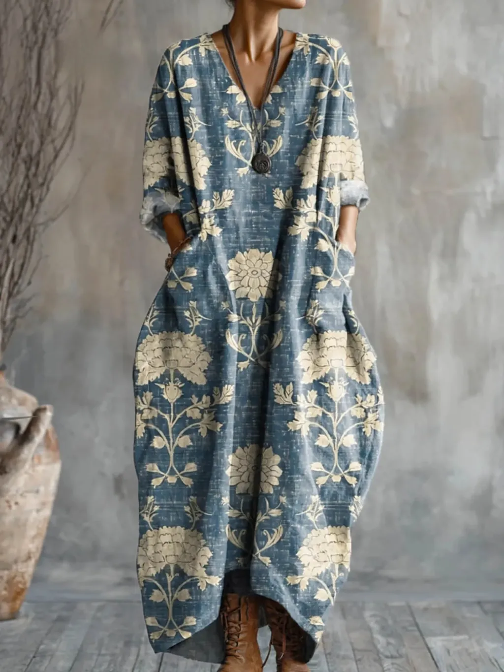 Women's Printed Plus Size Loose Long Sleeve Dress - Blue