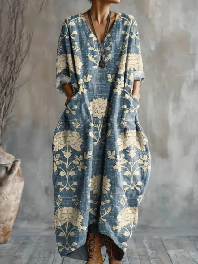 Women's Printed Plus Size Loose Long Sleeve Dress Blue - Shop at LoveMi