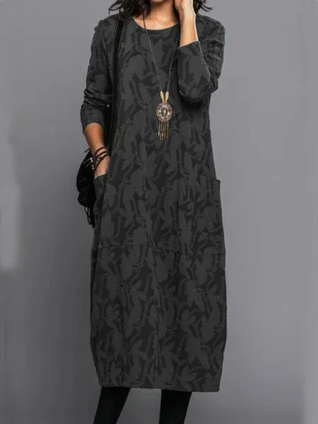 Printing Crew Neck Casual Temperament Long Sleeve Pocket Dress Black - Shop at LoveMi