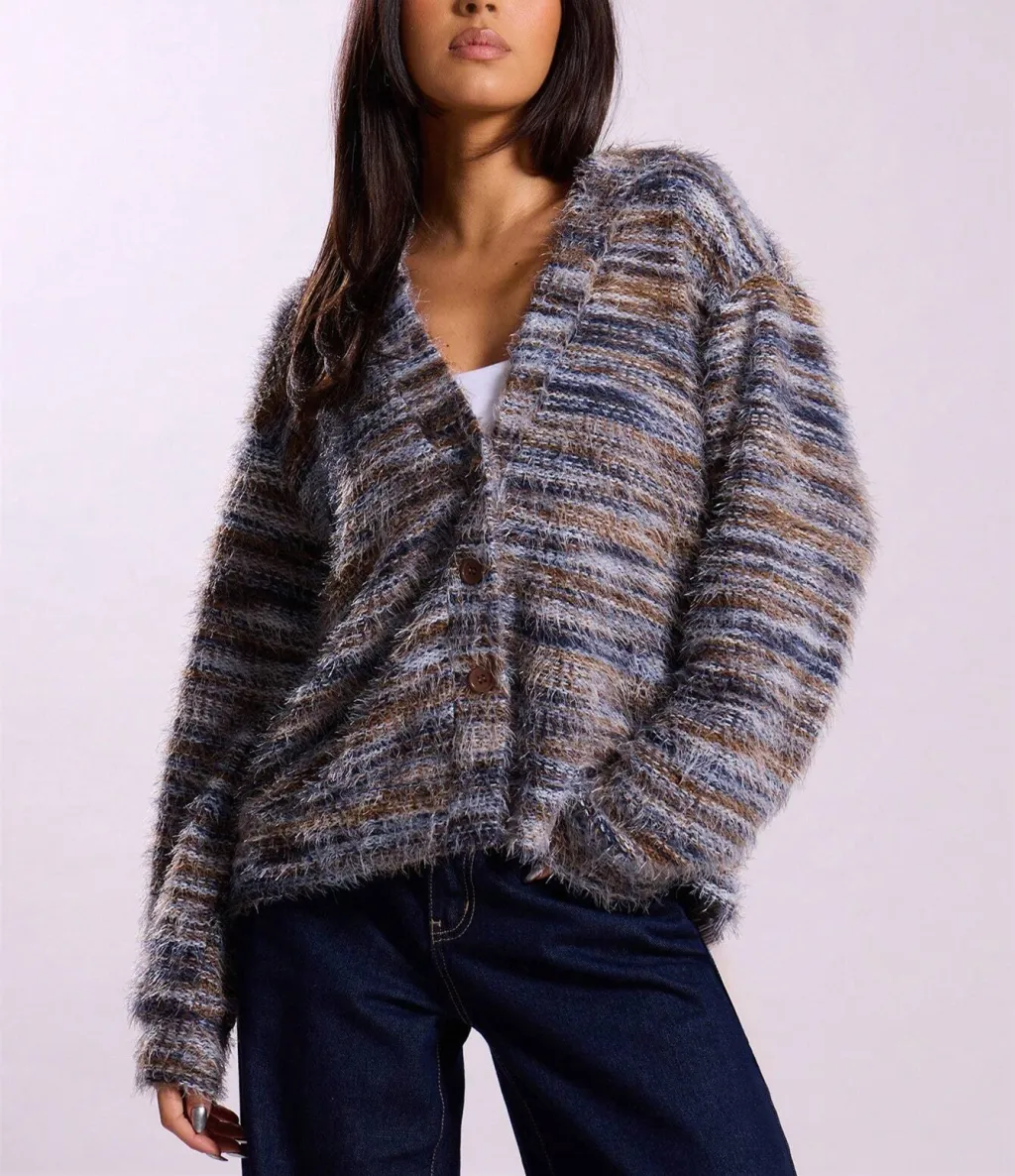 Winter Stripe Knitted Sweater Ins Button Cardigan Long Sleeved V-neck Cropped Tops For Women - Grey