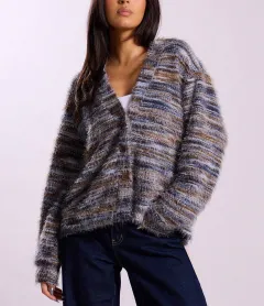 Winter Stripe Knitted Sweater Ins Button Cardigan Long Sleeved V-neck Cropped Tops For Women - Grey - View 1