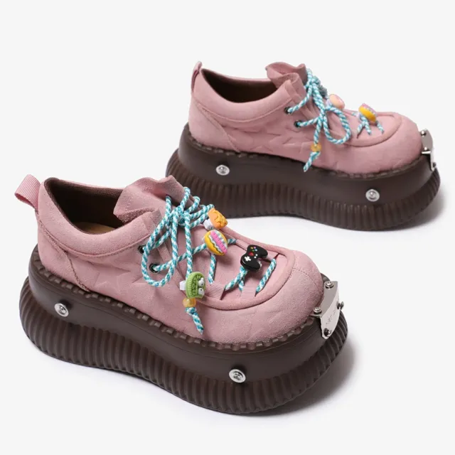 Dopamine Summer Platform Leather Shoes Lace up Shoes Pink - Shop at LoveMi