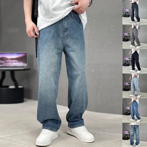 Fashion Pockets Jeans Men's Wide-leg Straight Trousers Versatile Casual