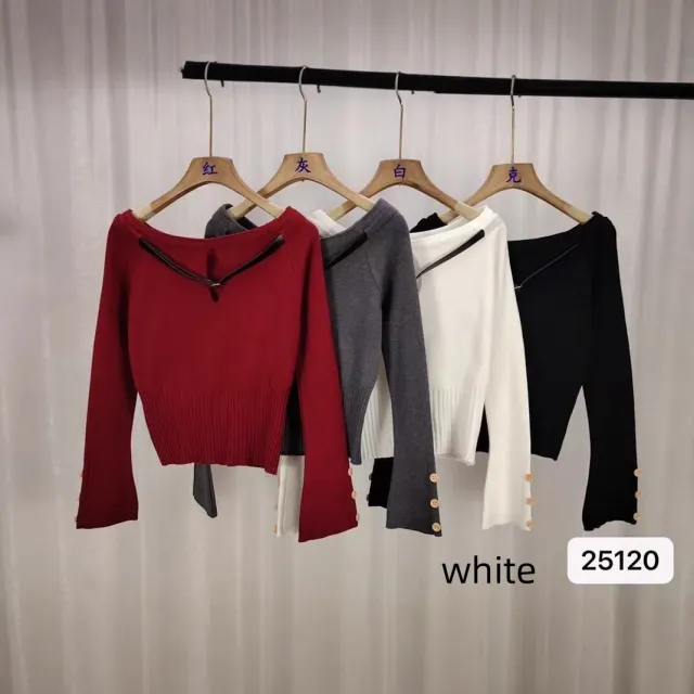 Women's Sweater Belt Off shoulder Short Long Sleeve Top White - Shop at LoveMi