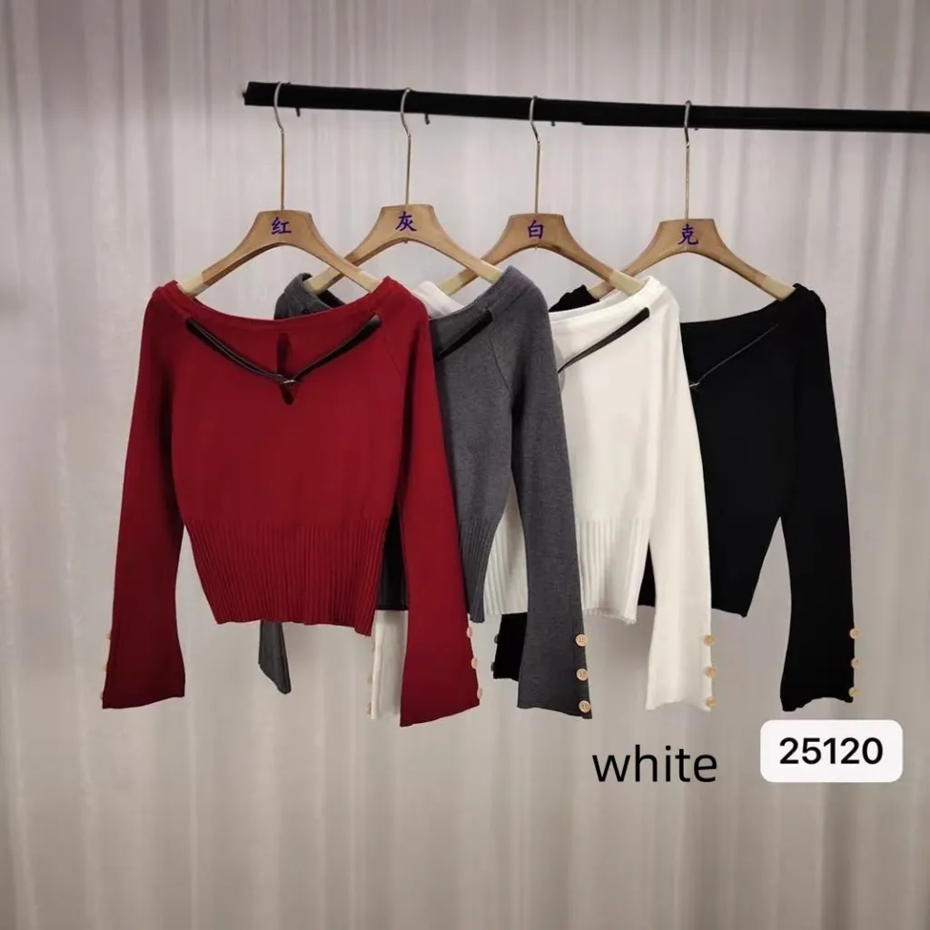 Women's Sweater Belt Off-shoulder Short Long Sleeve Top - White