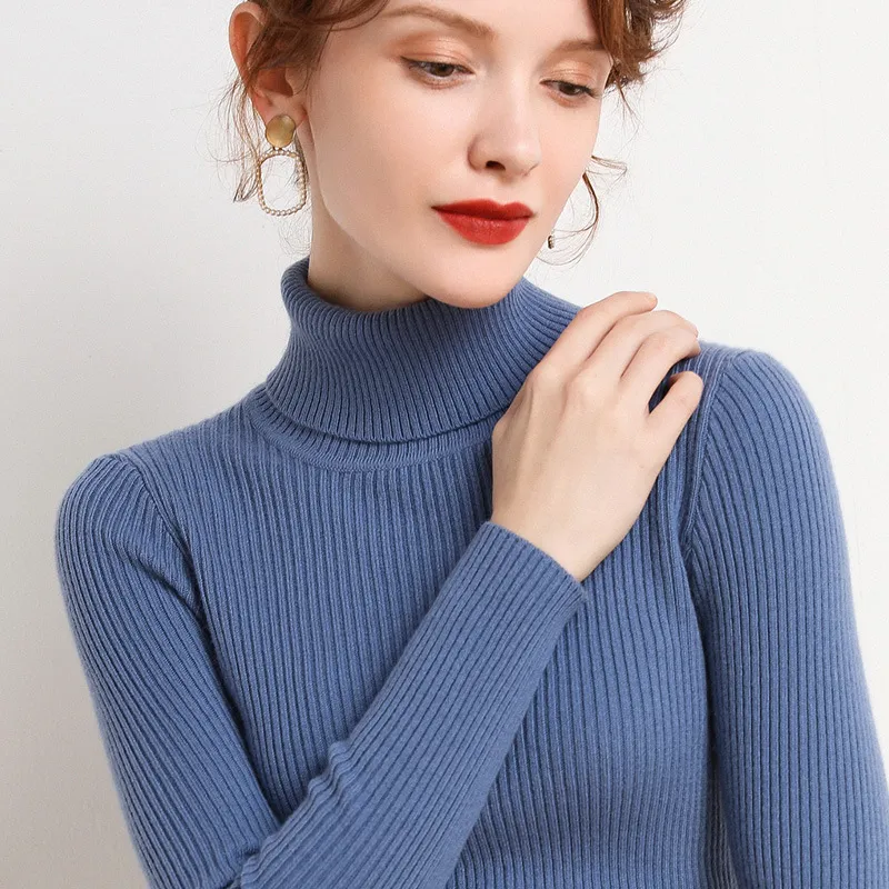 New Sweater Women's Turtleneck Pullover Slim Bottoming Shirt Thickened - Haze Blue