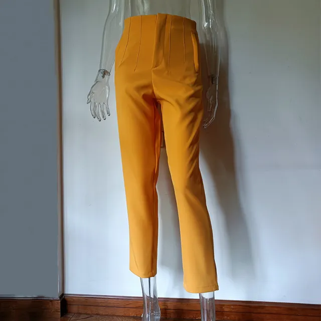 Pleated Casual High Waist Pure Color Slim fit Basic Pants Yellow - Shop at LoveMi