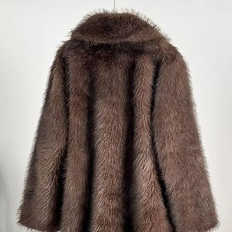 Extended Women's Clothing Imitation Fox Fur Warm Winter Coat - Coffee