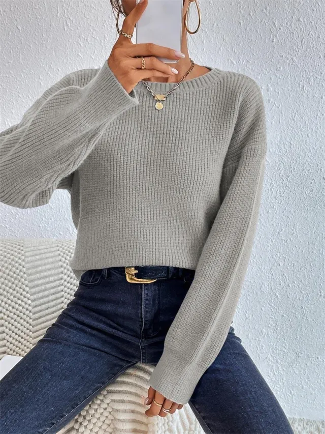 Round Neck Long Sleeve Pullover Loose And Lazy Style Sweater Grey - Shop at LoveMi