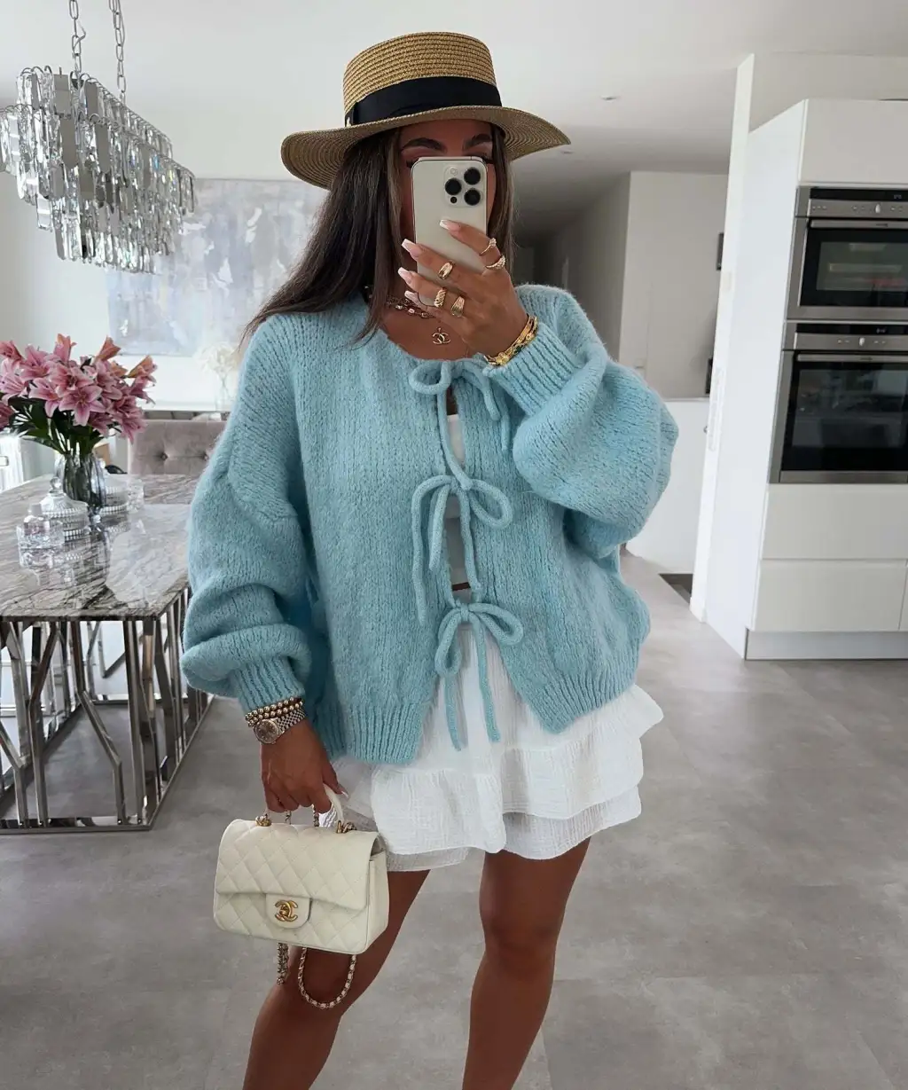 Loose Cardigan Sweater Women's Three-quarter Sleeve Coat - Blue