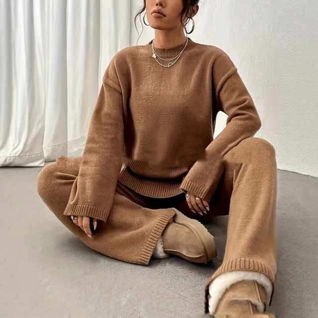 Casual Fashion Round Neck Contrast Color High Class Elegant Sweaters Woolen Two piece Set Camel - Shop at LoveMi