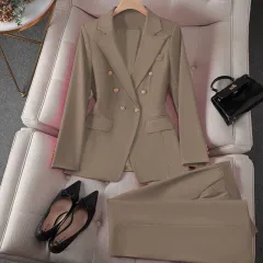 Korean Casual Design Blouse Trouser Suit - Khaki - View 1