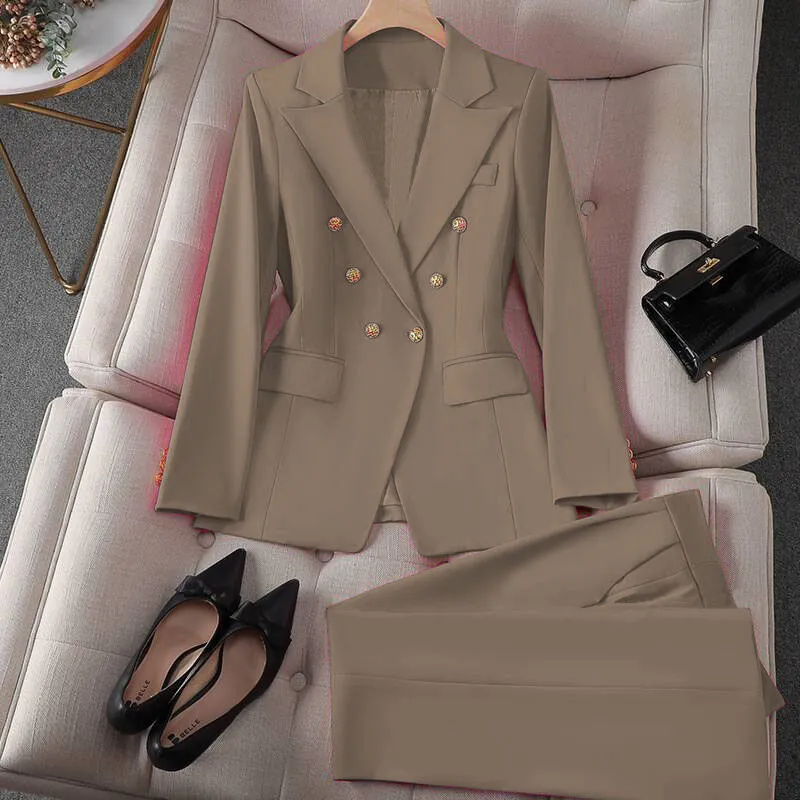 Korean Casual Design Blouse Trouser Suit - Khaki