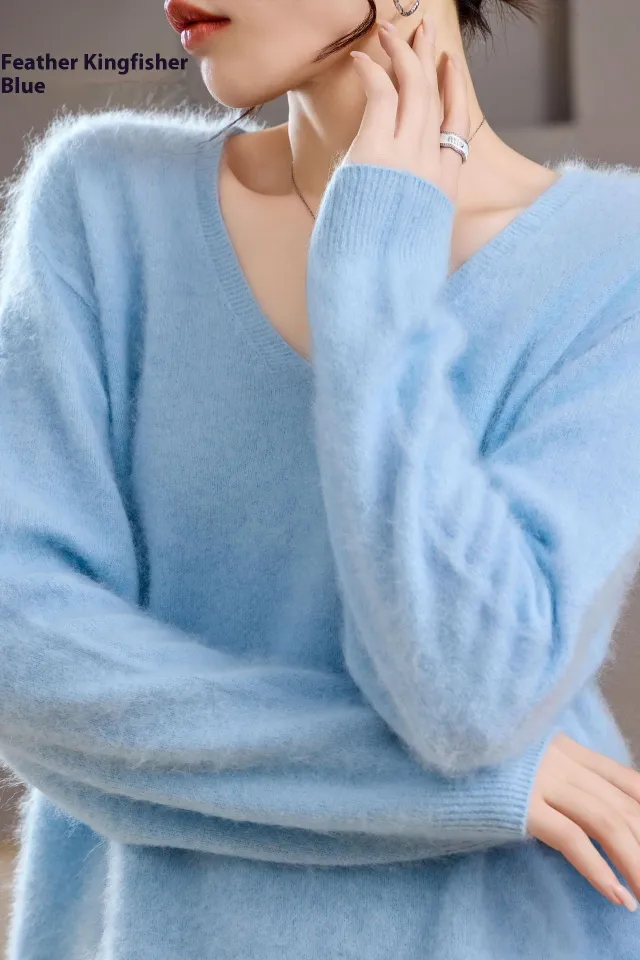 Women's Wool Sweater V neck Autumn And Winter New Solid Color Loose fitting Versatile Wool Loose Bottoming Shirt Emerald Blue - Shop at LoveMi