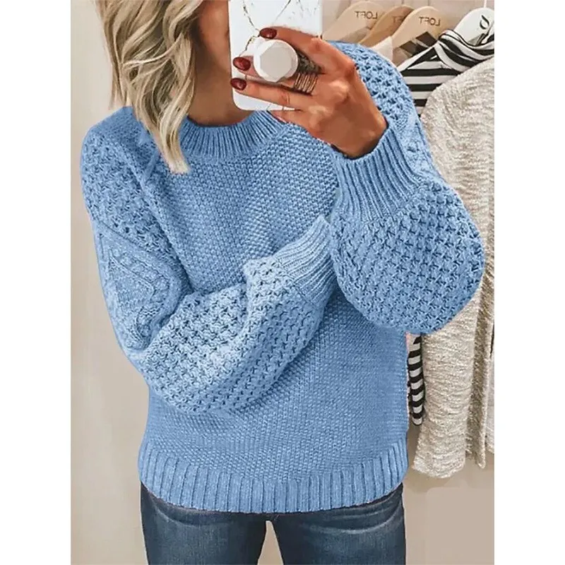Warm Sweater Versatile Solid Color Outerwear Knitted Pullover For Women - Light Blue