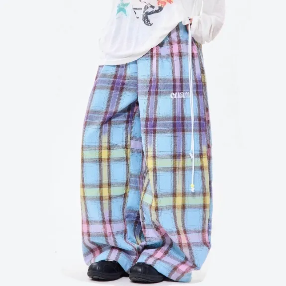 Retro Color Gradient Plaid Straight Casual Pants - Blue