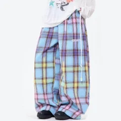 Retro Colour Gradient Plaid Straight Casual Pants - Blue - View 1