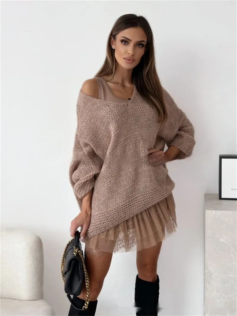 Loose And Idle Pullover Sweater V-neck Excellent Long Sleeve Top - Khaki