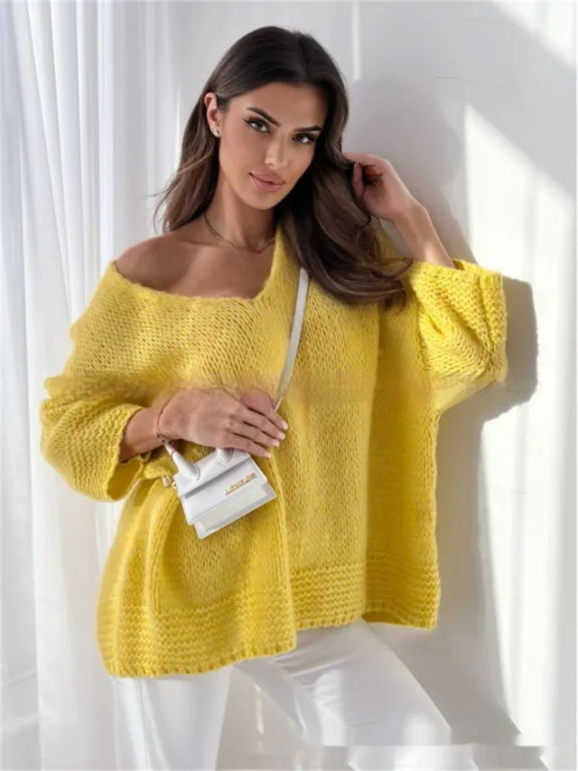 Loose And Idle Pullover Sweater V neck Excellent Long Sleeve Top Yellow - Shop at LoveMi