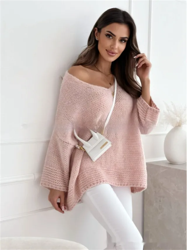 Loose And Idle Pullover Sweater V neck Excellent Long Sleeve Top Pink - Shop at LoveMi