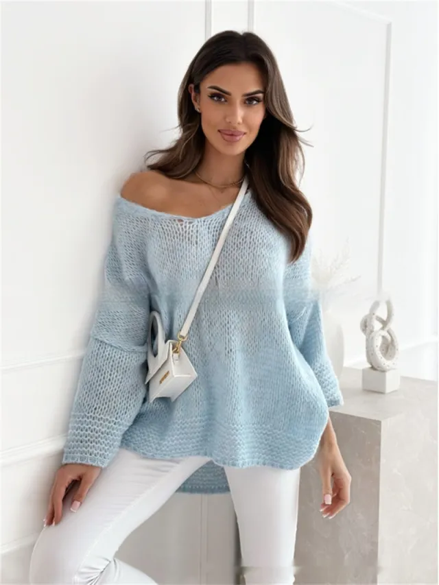 Loose And Idle Pullover Sweater V neck Excellent Long Sleeve Top Light Blue - Shop at LoveMi