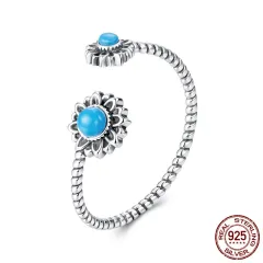 Vintage S925 Sterling Silver Sunflower Turquoise Open Ring - Scr1137 E - View 1