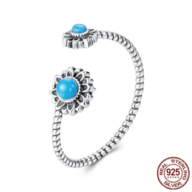Vintage S925 Sterling Silver Sunflower Turquoise Open Ring Scr1137 E - Shop at LoveMi