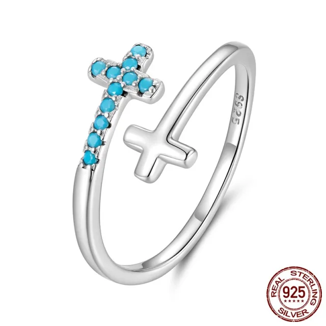 S925 Sterling Silver Turquoise Cross Open Ring Bsr688 E - Shop at LoveMi