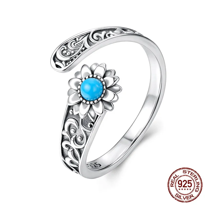 S925 Sterling Silver Vintage Sunflower Turquoise Open Ring - Scr1138 E