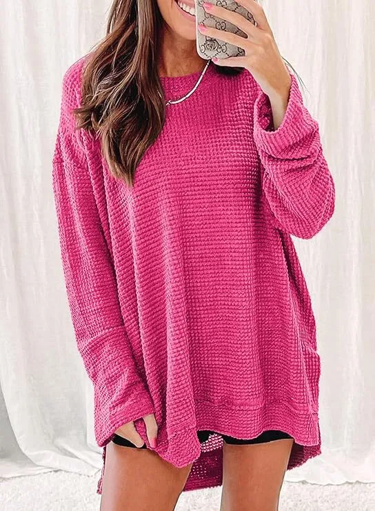 Solid Color Loose-fitting Pullover Round-neck Waffle Sweater - Rose Red