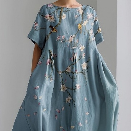 European And American Women's Clothing Loose Round Neck Fashion Advanced Short Sleeve Printed Dress