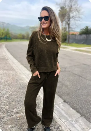 Women's Casual All matching Lace up Crew Neck Long Sleeve Blouse And Pants Brown - Shop at LoveMi