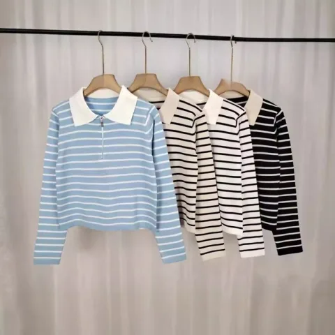 Spring Knitted Loose Contrast Color Striped Collar Long-sleeved Sweater