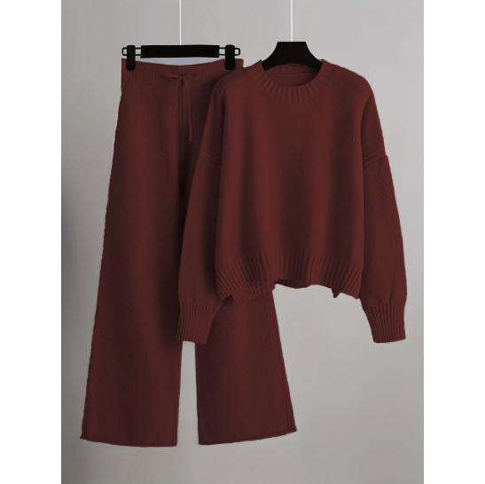 Women's Fashionable Casual Knitted Wide Leg Pants Set