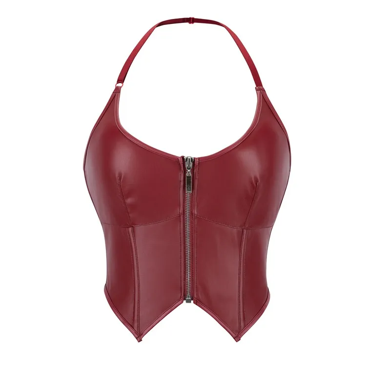 Leather Halter Zipper Women's Tube Top Chest Support Body Shaping Top - Dark Red Leather