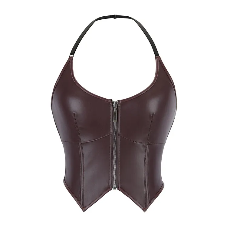 Leather Halter Zipper Women's Tube Top Chest Support Body Shaping Top - Dark Brown Leather