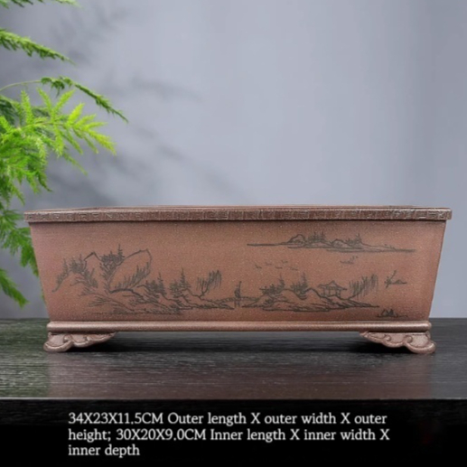 Zisha Bonsai Flowerpot, Fully Hand-painted In Antique Ink