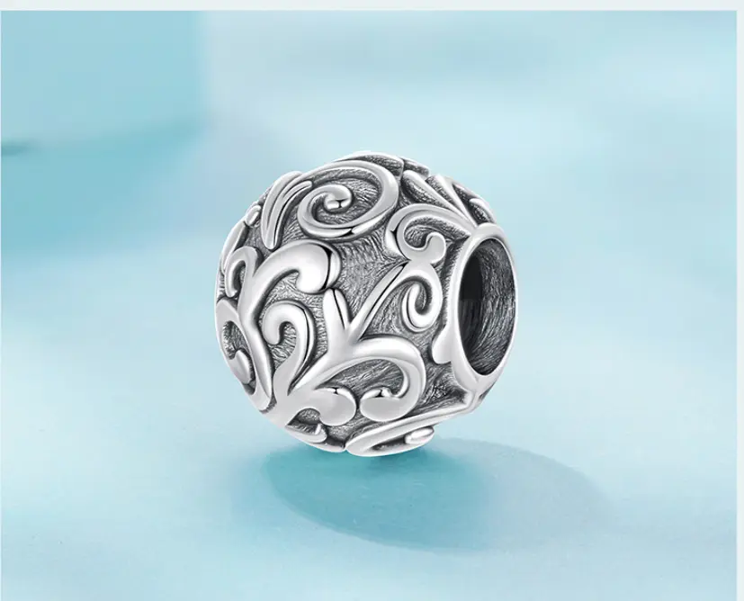 Retro S925 Sterling Silver Roll Grass Pattern Beaded Loose Beads