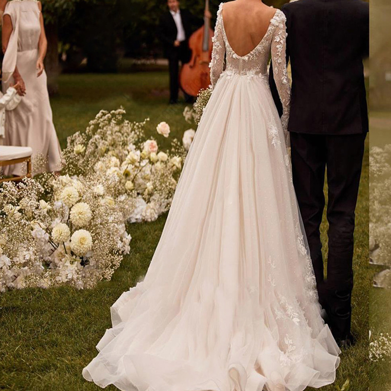 Flared Long Sleeve Mesh Boho Wedding Dress