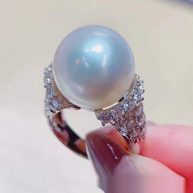Large Pearl Full Diamond Luxury Inlaid Zircon Light Luxury Closed Pearl Ring White Gold Color - Shop at LoveMi