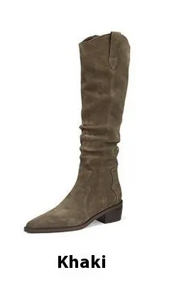 Women's Suede Pointed Chunky Heel Pile Style Long Biker Boots - Khaki