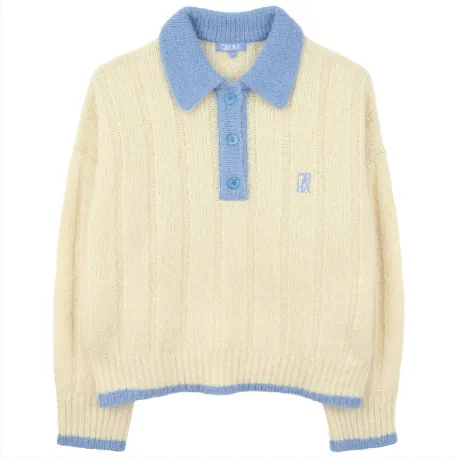 Women's Preppy Style Collar Contrast Color Loose Sweater - Custard