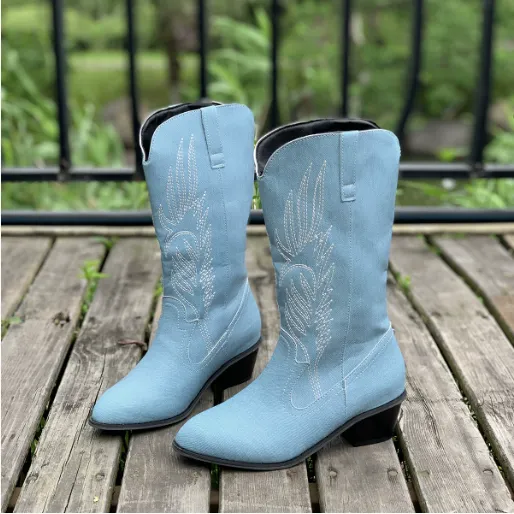 Mirror Patent Leather Embroidery Knee high Boots Pointed Mid calf Embroidery Chunky High Heel Blue - Shop at LoveMi